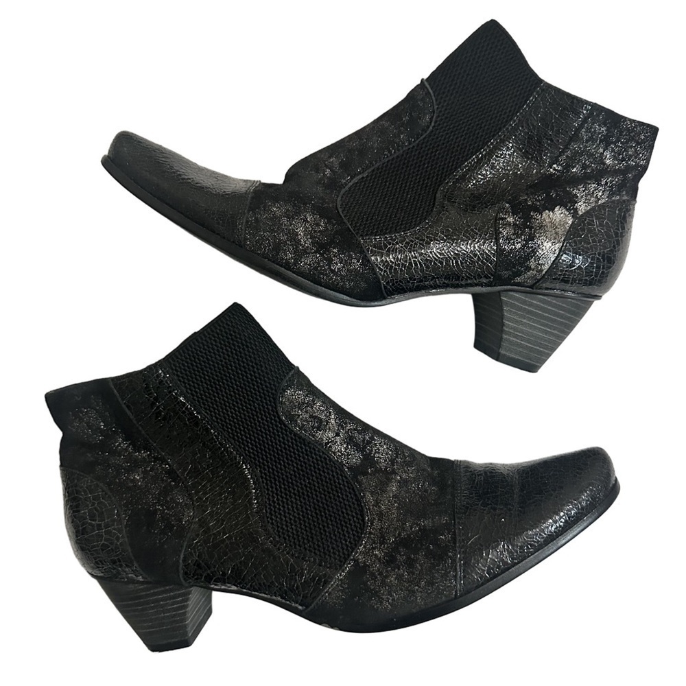 Un Tour En Ville Stylish Black Patent Metallic Leather Ankle Boots Sz 42 / US 11